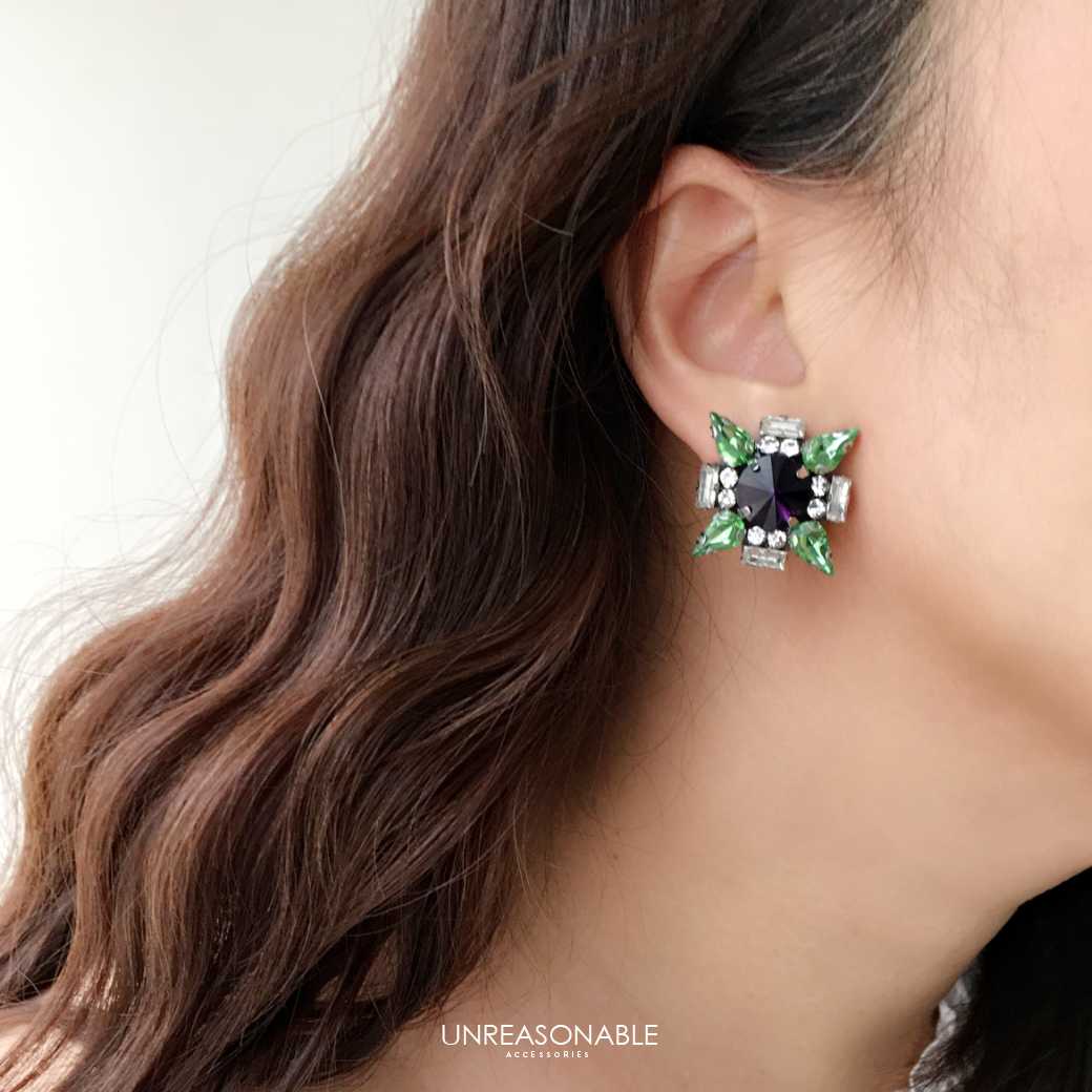 ต่างหูพลอยกระจก สีม่วง สีเขียว ต่างหูคลิป ต่างหูก้านเงินแท้ UA0707-03 Unreasonable Accessories