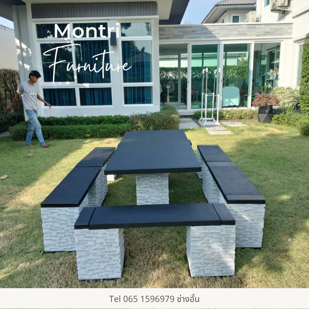 ชุดโต๊ะสนาม โต๊ะปูนสนาม โต๊ะโมเดิร์น โต๊ะปูนสนามโมเดิร์น ชุด 12 ที่นั่ง พาดยาว