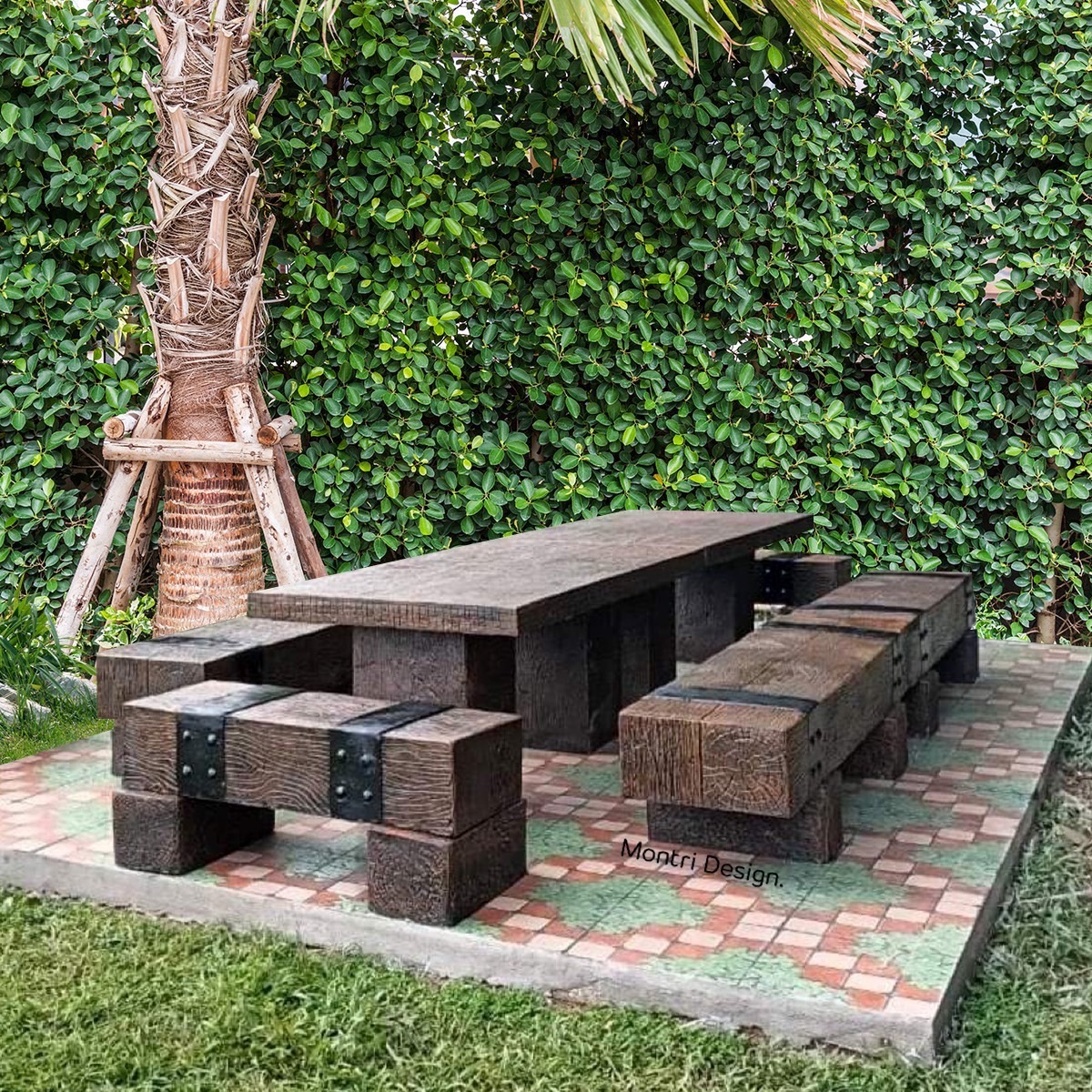 ชุดโต๊ะปูนลายไม้ ชุดโต๊ะไม้หมอน โต๊ะชุดไม้หมอน รุ่น Tree9 โต๊ะยาว 3.6 เมตร ชุดโต๊ะปุนลายไม้