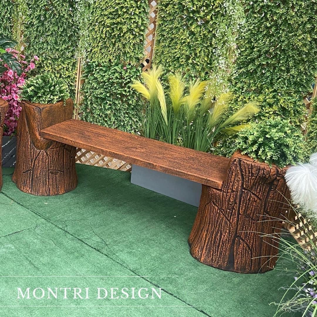 เก้าอี้สนามปูนลายไม้ 2in1 เก้าอี้กระถางต้นไม้ งาน DIY ทำจากปูนปั้นสด เสมือนไม้จริง ดูเป็นธรรมชาต ปัดสีด้วยมือสุดปราณีต