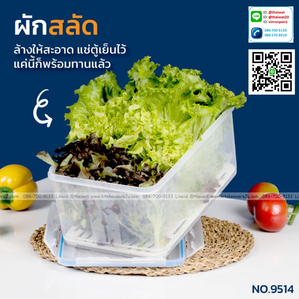 P11534 กล่องถนอมอาหาร มีตะแกรง DOUBLE LOCK 7.3 ลิตร (21.2 x 31.9 x 14.9 cm.) No.9514 เกรดเอ (ราคาขายส่งต่อ 12 ใบ:เฉลี่ย 105 บต่อใบ