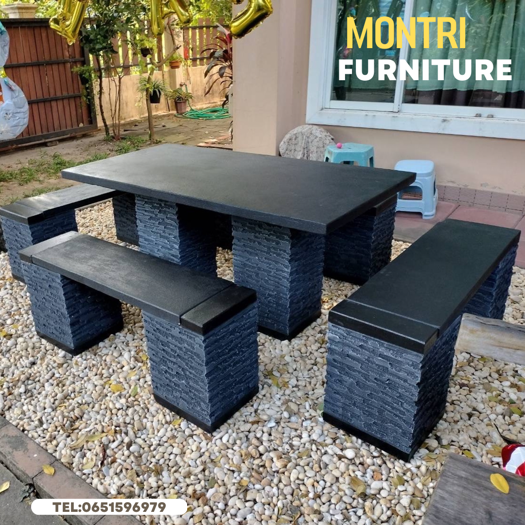 ชุดโต๊ะสนามปูนสไตล์โมเดิร์น โต๊ะปูนสนาม ชุด 8 ที่นั่ง พาดยาว