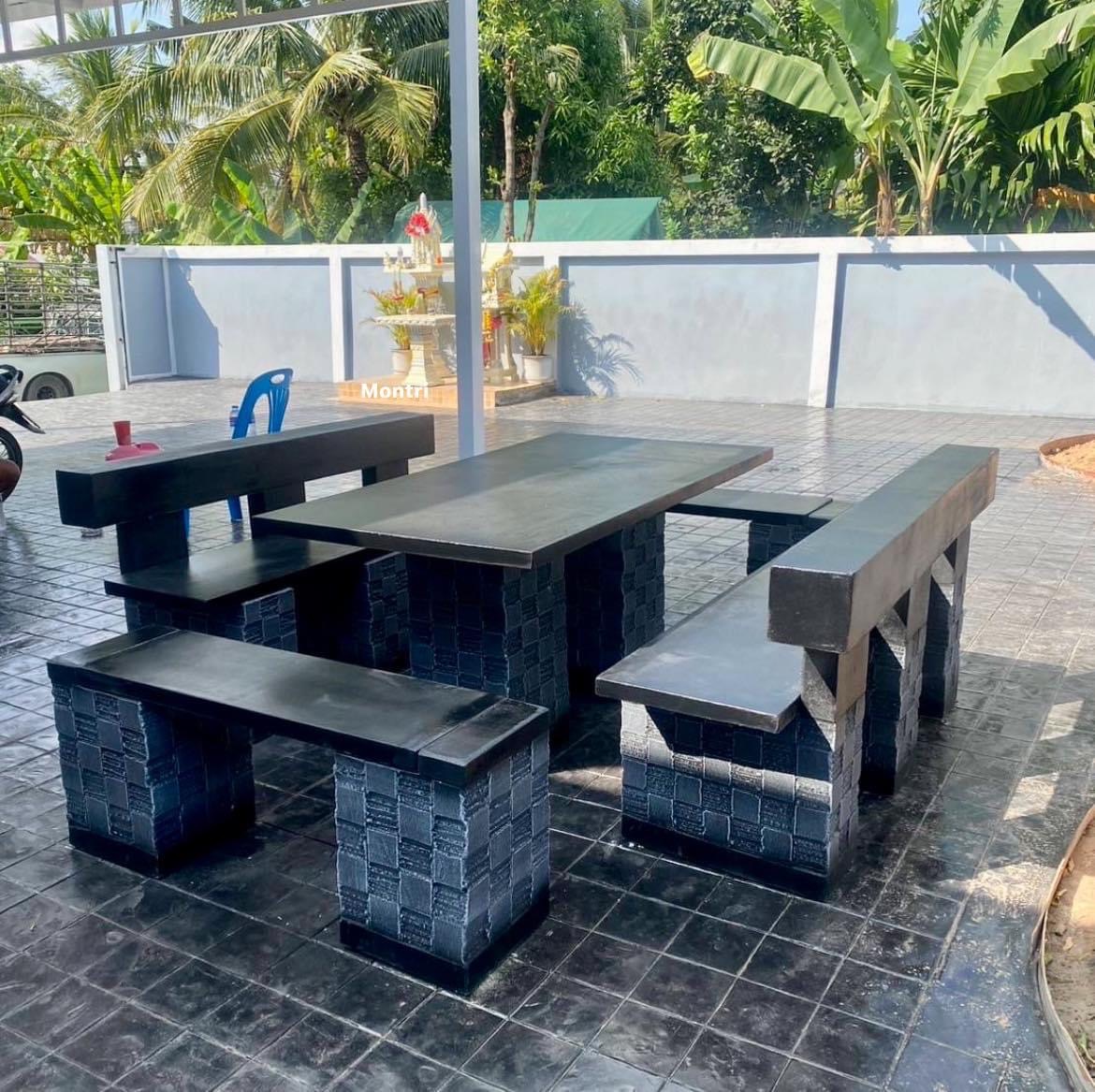 ชุดโต๊ะสนามกลางแจ้ง ยาว 150 cm. ทนแดด ทนฝน วัสดุปูนซีเมนต์แผ่นเสริมเหล็ก