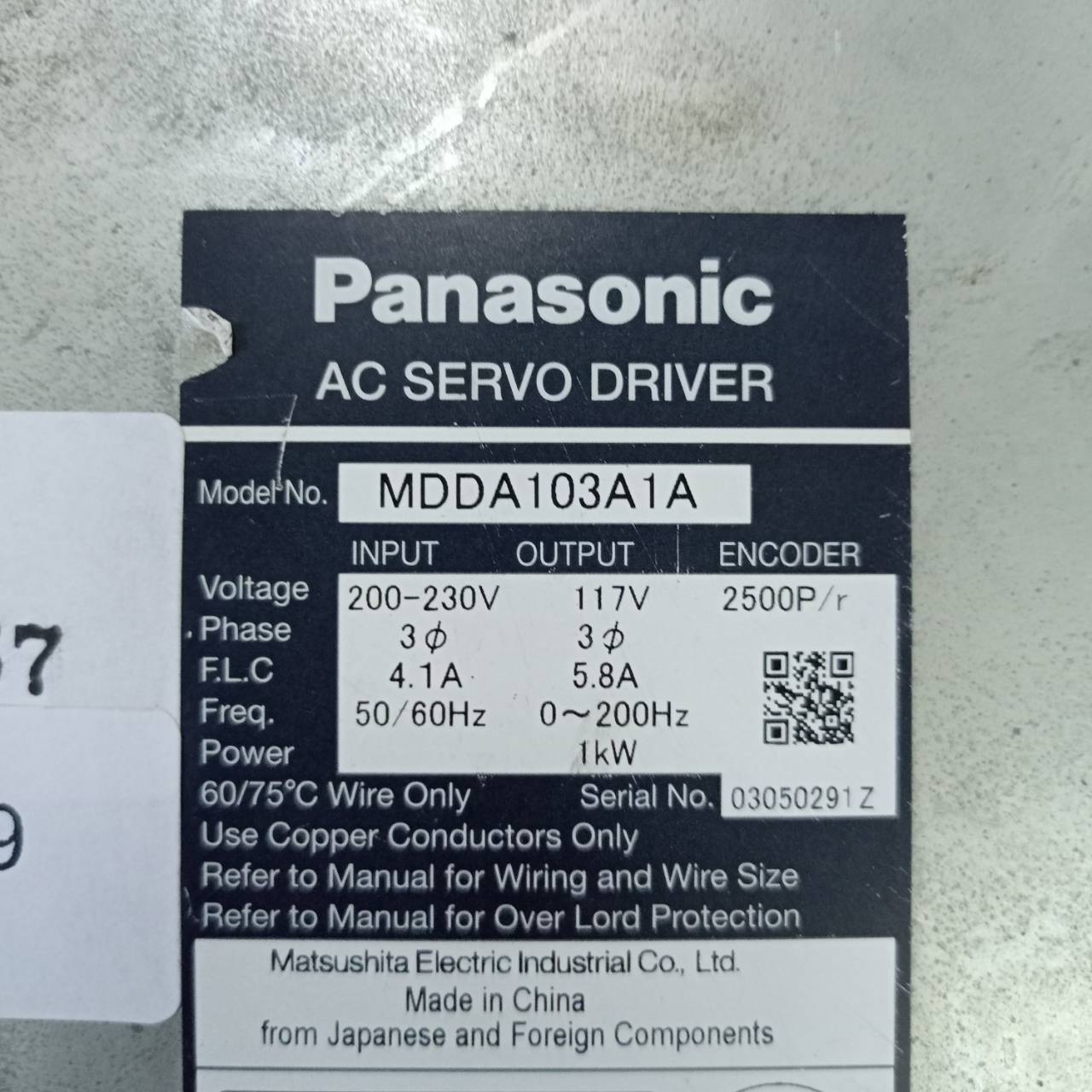 SERVO DRIVE " PANASONIC " MODEL : MDDA103A1A
