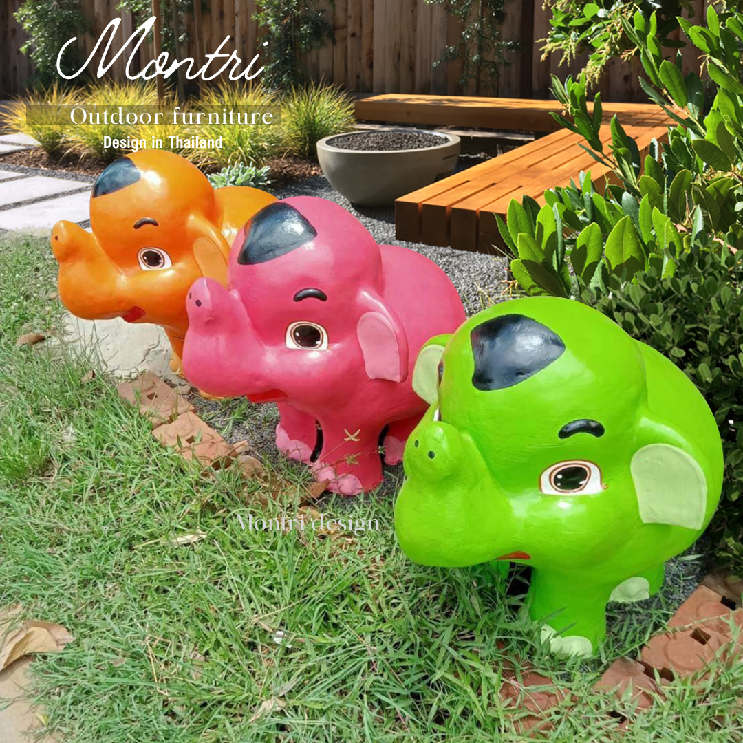 ลูกช้างปูนปั้น ช้างก้านกล้วยปูนปั้น รูปช้างแต่งสวน ตุ๊กตาแต่งสวน 1 ชุด 3 ตัว