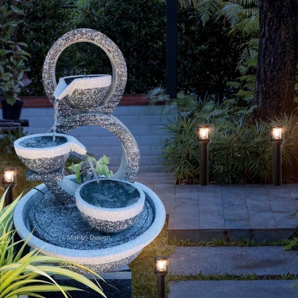 น้ำล้นโมเดิร์น เลข 8 มงคล น้ำพุแต่งสวน ฮวงจุ้ยน้ำพุ น้ำล้นเลข8 รุ่น 8 เบทเทาขีดขาว