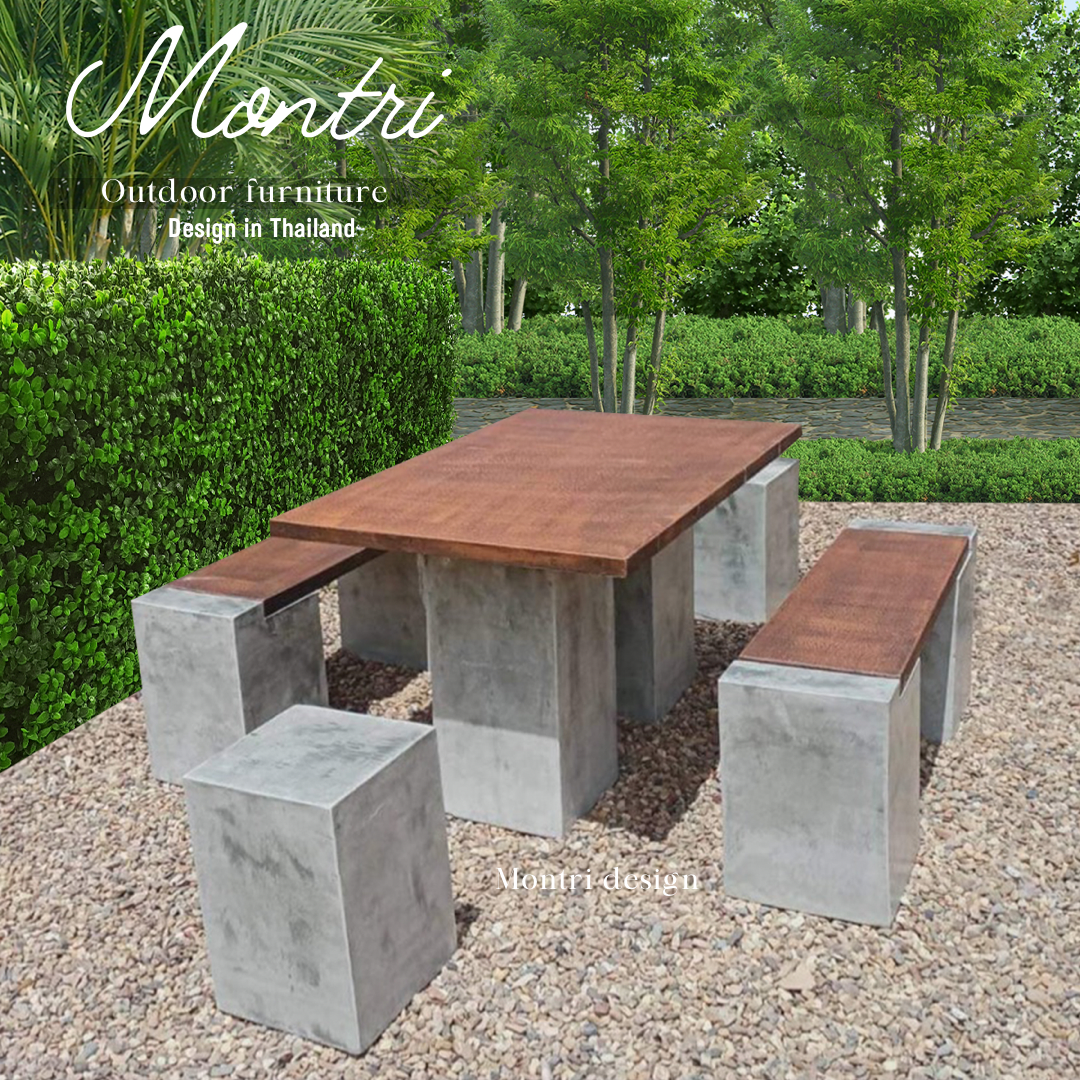 โต๊ะม้านั่ง โต๊ะสนามปูนปั้น SET เก้าอี้แผ่นพาด ชุด 6 ที่นั่ง สไตล์โมเดิร์น สุดยอดการออกแบบ งานดีไซน์โดยคนไทย สุดปราณีต นั่งสบาย สวยงาม แข็งแรง เข้ากับตัวบ้านและสวนได้อย่างลงตัว