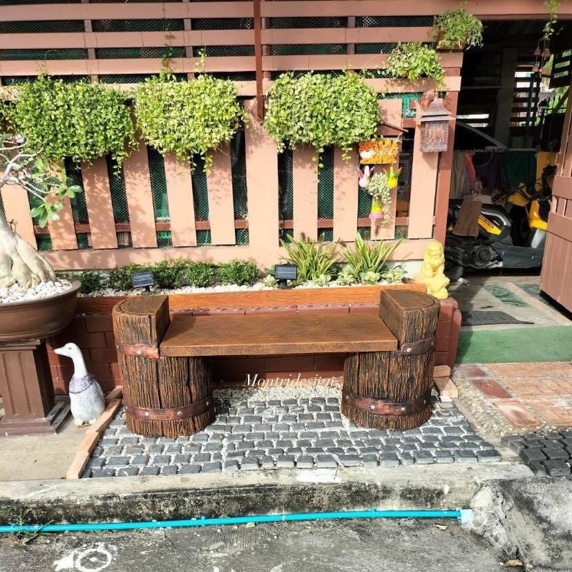 เก้าอี้เปลือกไม้ ม้านั่งเปลือกไม้ ม้านั่งแต่งสวน เก้าอี้แต่งสวน เก้าอี้ปูนลายไม้ ม้านั่งปูนลายไม้ รุ่น thaidesign A02 สีน้ำตาล.