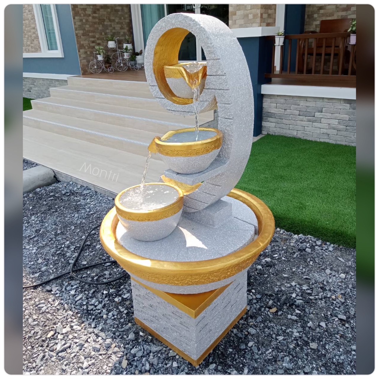 น้ำล้นแต่งสวน ชุดน้ำล้น น้ำล้นเลขเก้าเสริมฮวงจุ้ย เลข 9 มงคล น้ำพุแต่งสวน รุ่น 9 สีเทาอ่อนๆขอบทอง