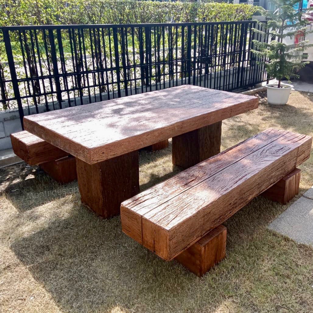 ชุดโต๊ะไม้หมอนรถไฟ ชุดโต๊ะปูนลายไม้ ขนาด 180*90 cm.