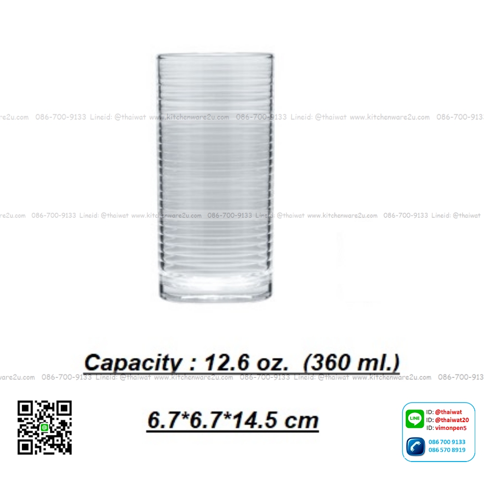 P11373 แก้วใส 12.6 Oz. (360 มิล) (6.7*6.7*14.5 cm) No.123213 ราคาส่งต่อ 1 ลัง : 72 ใบ : 1140 บต่อลัง