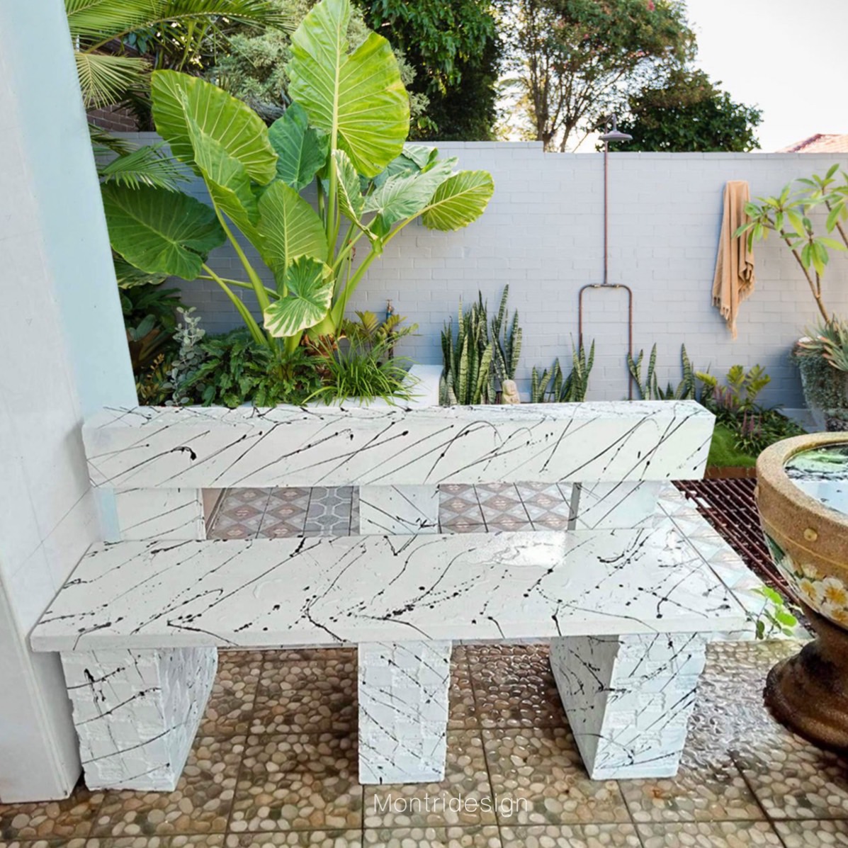 เก้าอี้สนามพนักพิง ม้านั่งเล่นในสวน เก้าอี้ปูนพนักพิงสไตล์โมเดิร์น