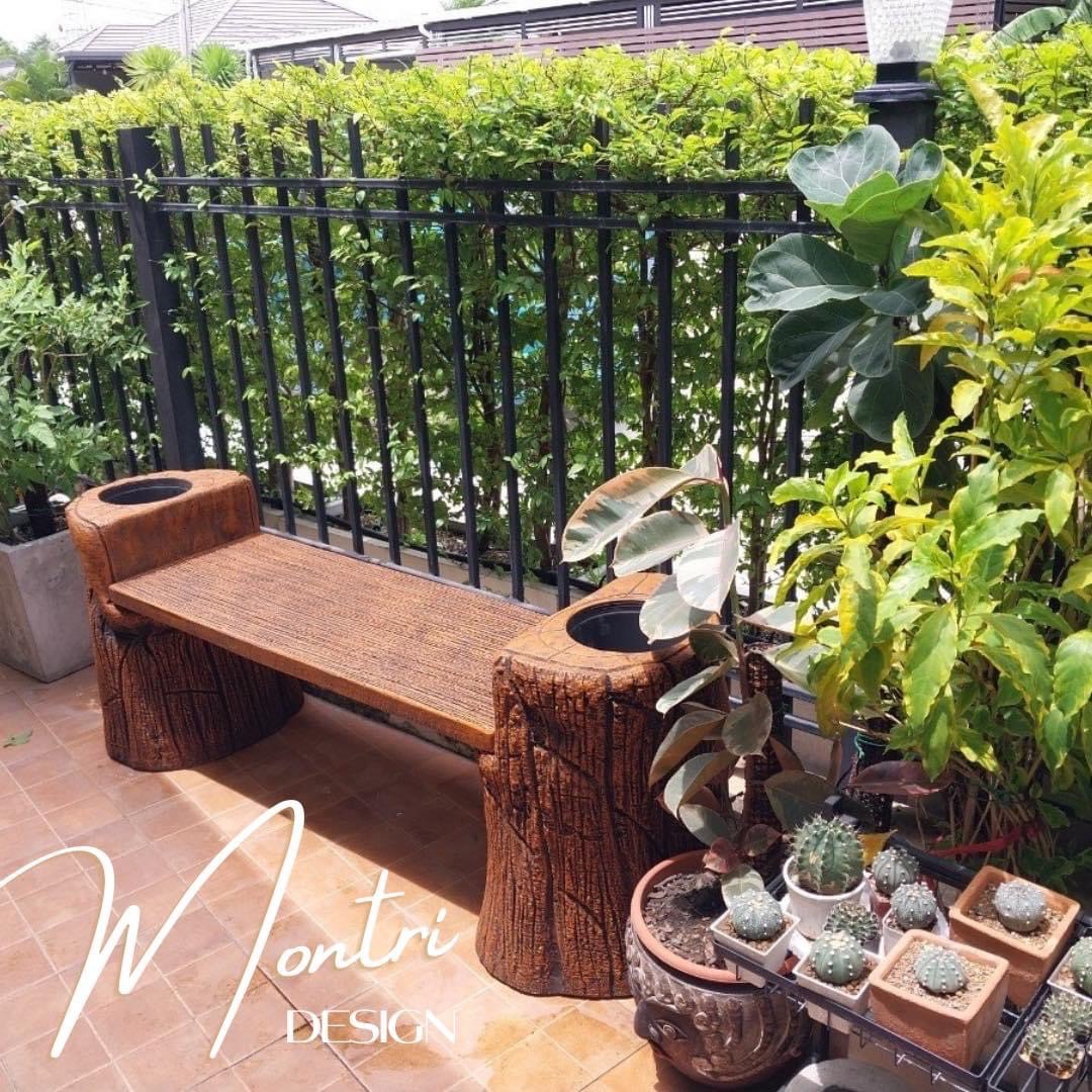 เก้าอี้สนามปูนลายไม้ 2in1 เก้าอี้กระถางต้นไม้ งาน DIY ทำจากปูนปั้นสด เสมือนไม้จริง ดูเป็นธรรมชาต ปัดสีด้วยมือสุดปราณีต