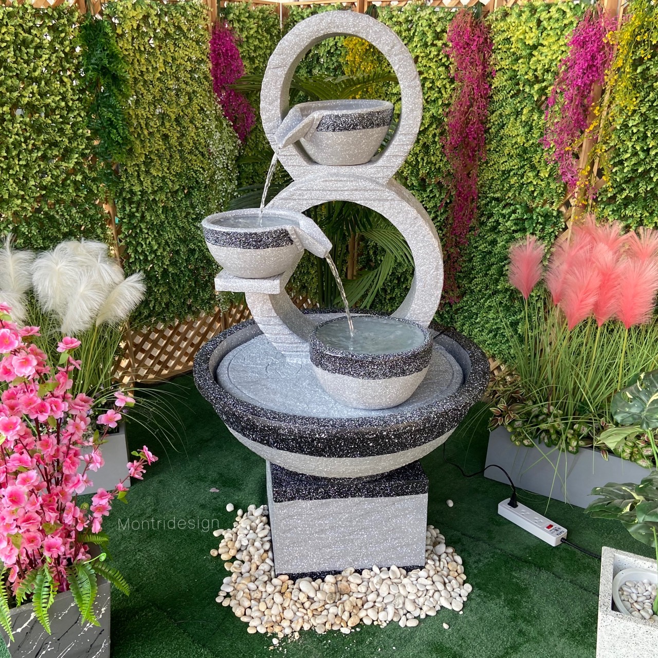 น้ำล้นโมเดิร์น เลข 8 มงคล น้ำพุแต่งสวน ฮวงจุ้ยน้ำพุ น้ำล้นเลข8 รุ่น 8 ขาว-เทา