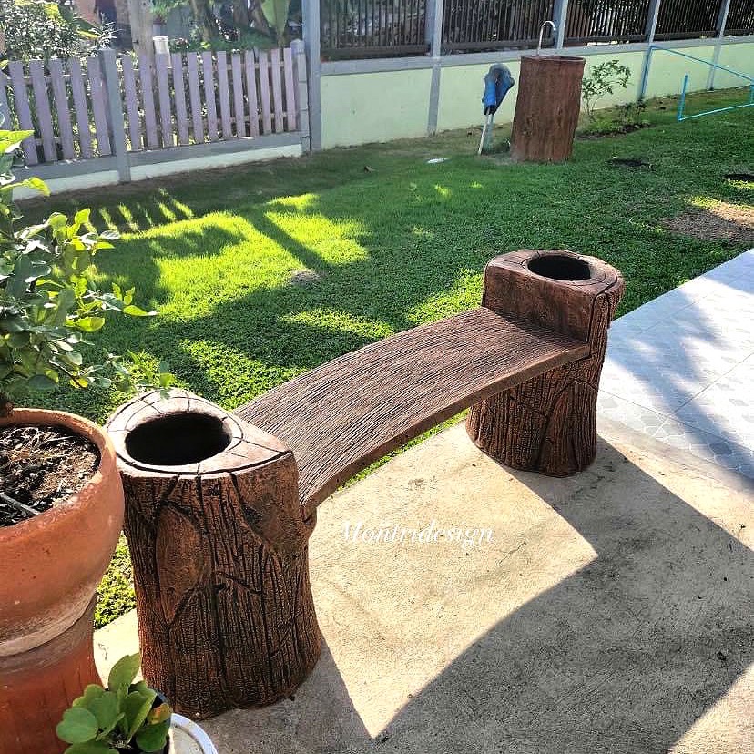 ม้านั่งสนามปูนปั้น เก้าอี้สนามปูนลายไม้ 2 in 1 ทรงโค้ง ม้านั่งปูนลายไม้ เก้าอี้แต่งสวน ม้านั่งแต่งสวน