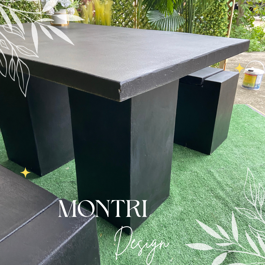 ชุดโต๊ะสนามปูนปั้น โต๊ะปูนสนาม ชุด 8 ที่นั่ง พาดยาว สีดำ