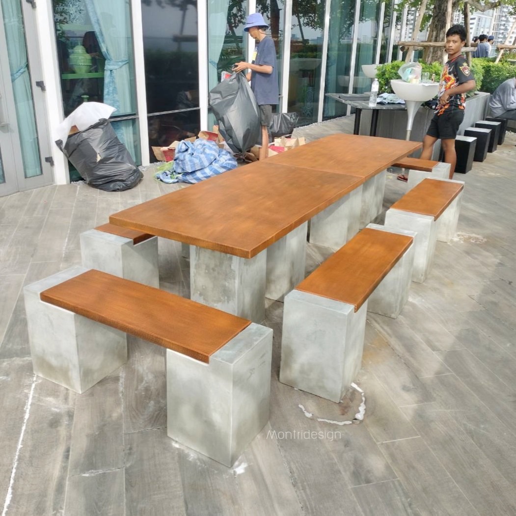 ชุดโต๊ะสนาม โต๊ะปูนสนาม โต๊ะโมเดิร์น โต๊ะปูนสนามโมเดิร์น ชุด 12 ที่นั่ง รุ่น Royal เก้าอี้พาดยาว ขนาดโต๊ะ 180*80