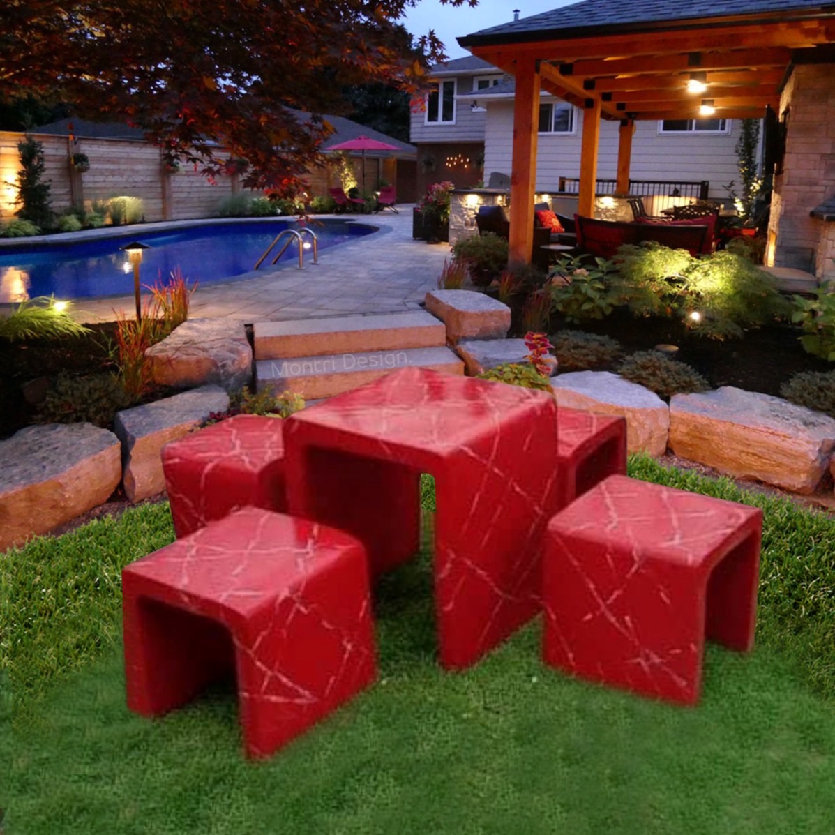 เก้าอี้ปูนซีเมนต์สไตล์ลอฟท์ รุ่น Loft01 สีแดงสลัดขาว โต๊ะลอฟท์ โต๊ะปูนลอฟท์ โต๊ะม้าหินลอฟท์