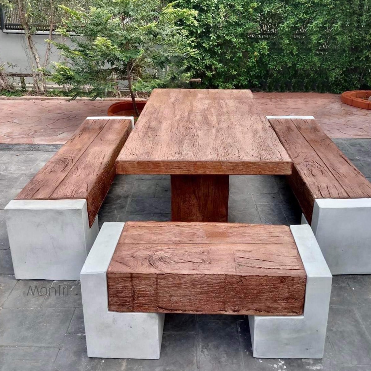 โต๊ะสนาม ชุดโต๊ะสนาม โต๊ะสนามไม้หมอน ชุดโต๊ะสนามปูนลายไม้ โต๊ะไม้หมอนโมเดิร์น รุ่น Luxury2023 ขนาด 180*90 cm.