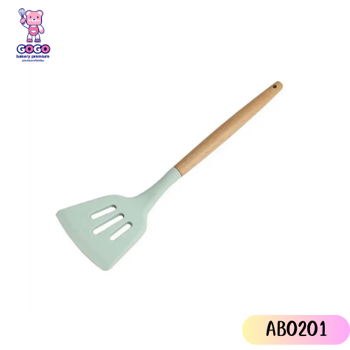 ตะหลิวซิลิโคน ด้ามจับไม้ ใช้กับหม้อกระทะเคลือบเทฟล่อน