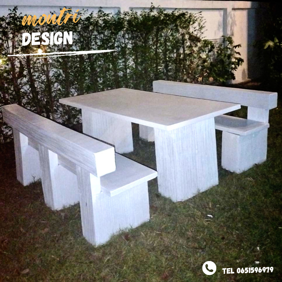 ชุดโต๊ะปูนลายไม้แบบพนักพิง ชุดโต๊ะสนาม รุ่น Montri2023 โต๊ะปูนสนาม เก้าอี้พนักพิง สีขาว