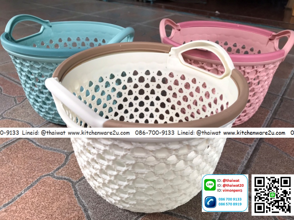 P00489 ตะกร้ากลมเล็ก (15*15*15 cm) หูจับ ลายฉลุ สไตล์ญี่ปุ่น เกรดเอ (ราคาส่งต่อ 12 ใบ )