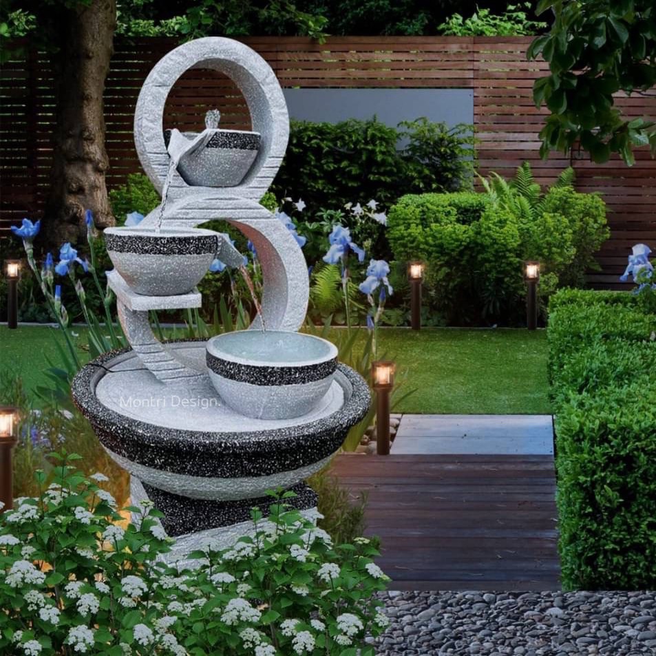 น้ำล้นโมเดิร์น เลข 8 มงคล น้ำพุแต่งสวน ฮวงจุ้ยน้ำพุ น้ำล้นเลข8 รุ่น 8 ขาว-เทา