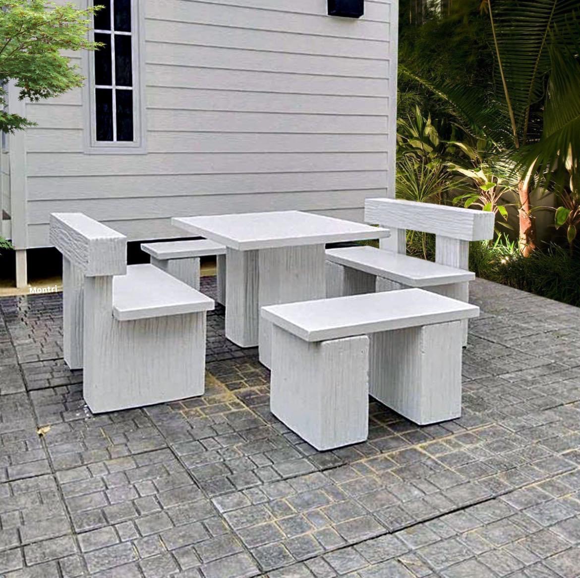 ชุดโต๊ะมินิมอลสีขาว ที่นั่งมีพนักพิงนั่งสบาย วัสดุเป็นคอนกรีตแผ่นเสริมเหล็ก ขนาดความยาว 120 cm. นั่งได้ 6 ท่าน