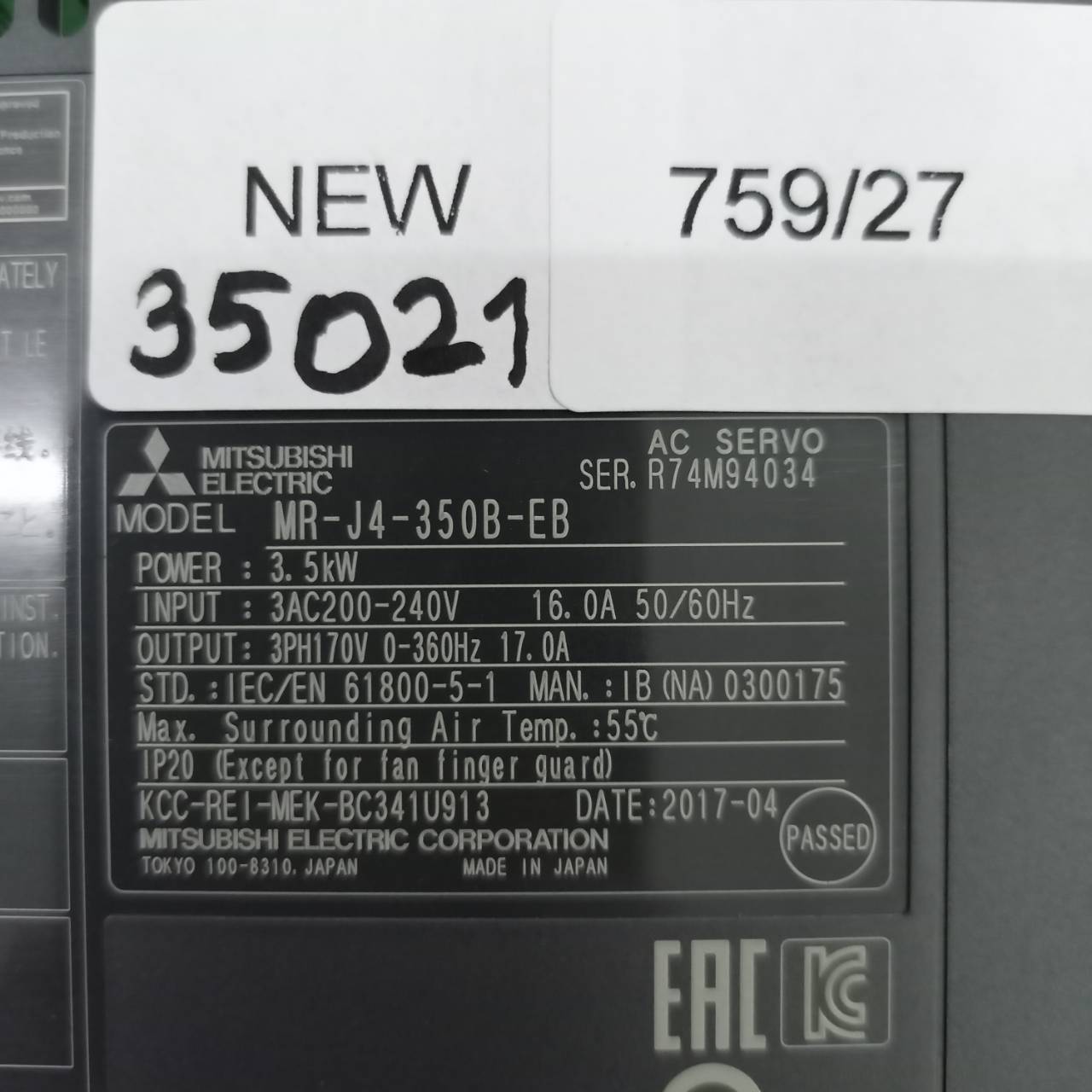 MR-J4-350B-EB SERVO DRIVE "MITSUBISHI"