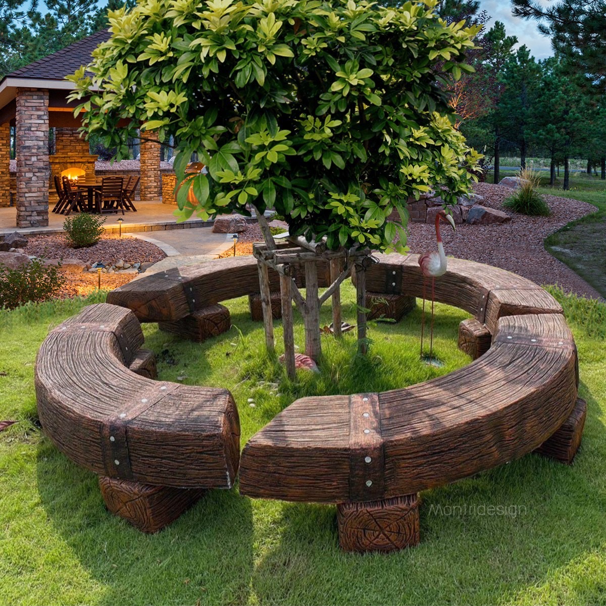 เก้าอี้รอบต้นไม้ เก้าอี้ไม้หมอนทรงโค้ง เก้าอี้ปูนลายไม้ รุ่น Reef05 set 4 ที่นั่ง สีน้ำตาลลายไม้ ม้านั่งปูนลายไม้