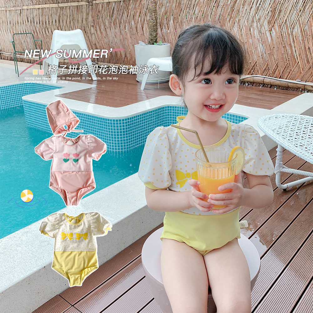 ชุดว่ายน้ำเด็กหญิงแขนสั้น วันพีซ พร้อมหมวก กันแดด กันยูวี พร้อมส่ง ลายดอกไม้ สีพาสเทล