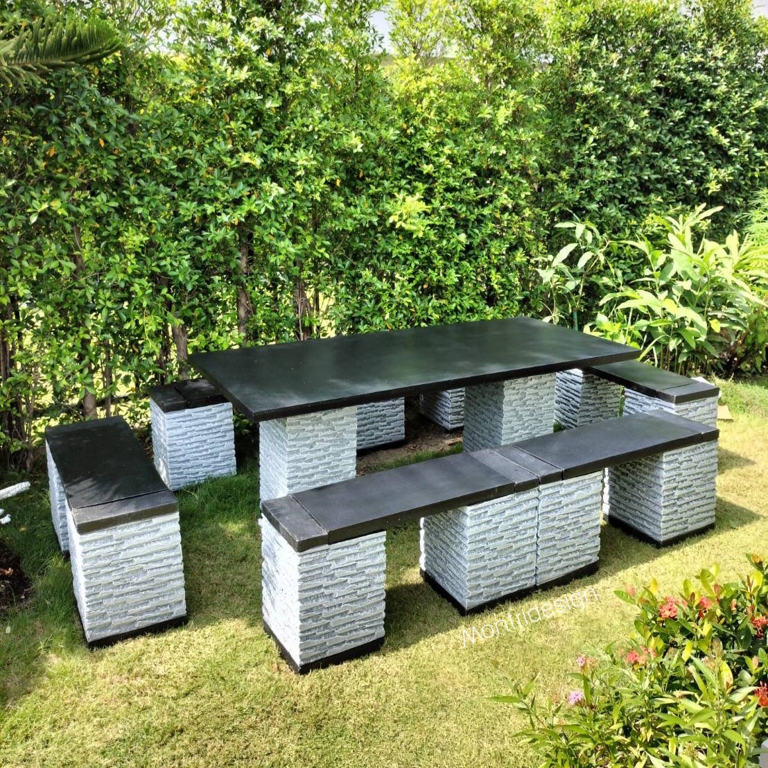 ชุดโต๊ะสนาม โต๊ะปูนสนาม โต๊ะโมเดิร์น โต๊ะปูนสนามโมเดิร์น ชุด 12 ที่นั่ง รุ่น LYO98 เก้าอี้พาดยาว ขนาดโต๊ะ 180*80