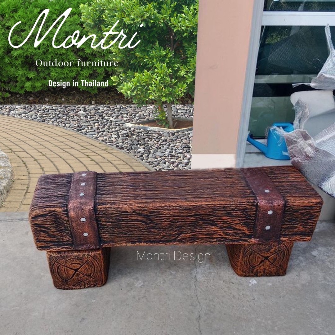 เก้าอี้ไม้หมอน เก้าอี้ปูนลายไม้ ขนาด 30*120*40 cm. สีน้ำตาลคาดทองแดง