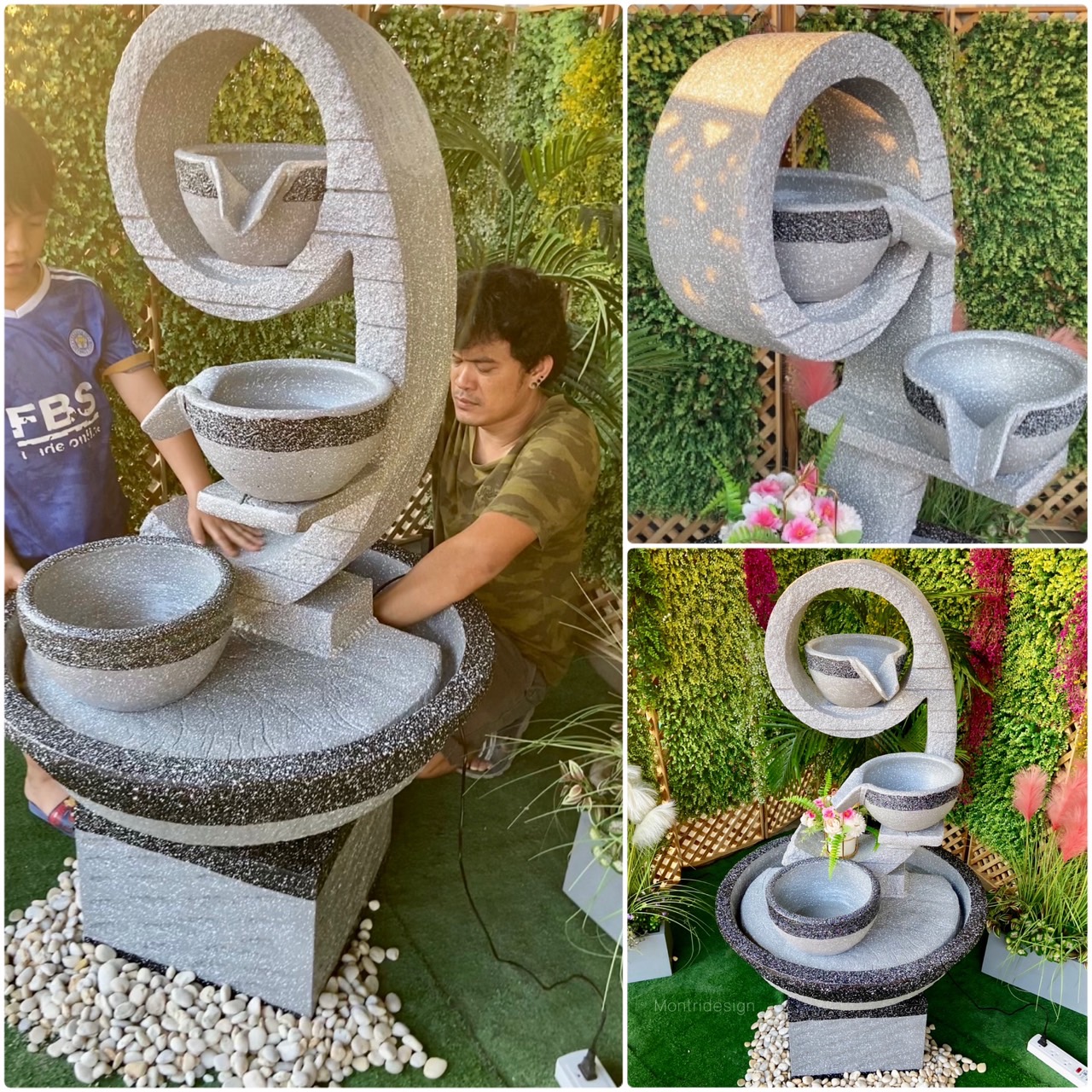 น้ำล้นโมเดิร์น เลข 9 มงคล น้ำพุแต่งสวน ฮวงจุ้ยน้ำพุ น้ำล้นเลข9 รุ่น 9 เบทขาขีดเทา