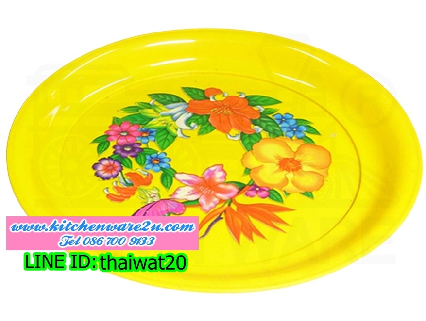 P07104 ถาดกลม พิมพ์ลาย เหลืองล้วน (25*25*2.5 ซม.) No.201 ราคาส่งต่อ 1 โหล:12 ใบ