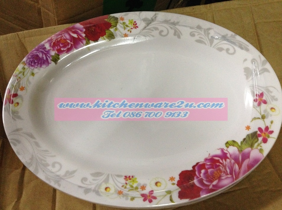 P08287 จานวงรีเมลามีน 10 นิ้ว อย่างหนา หลากหลายลาย (ราคาขายส่งต่อ 1 โหล: 12 ใบ)