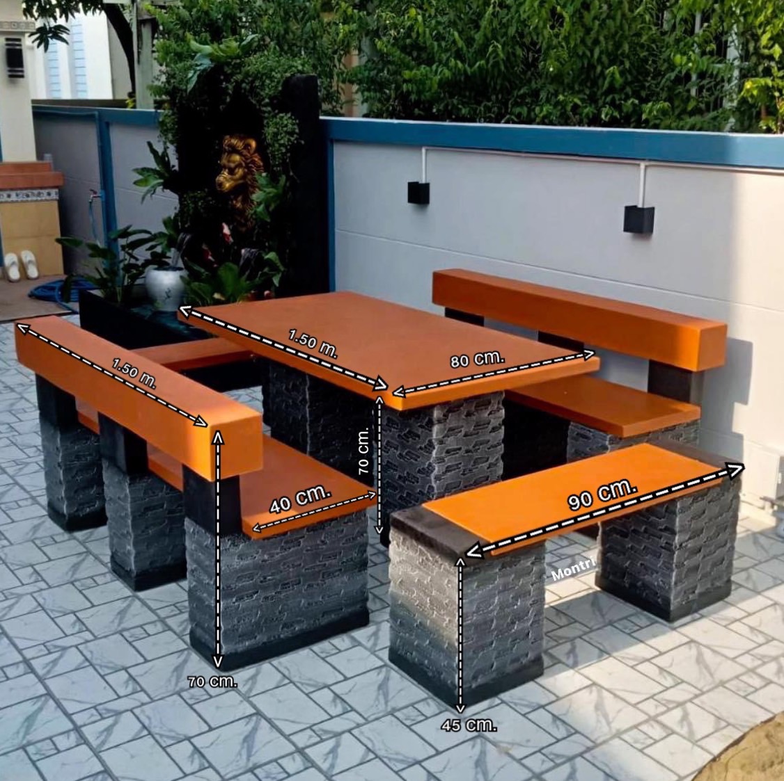 ชุดโต๊ะสนามกลางแจ้ง ดีไซน์ร่วมสมัย ขนาด 150 cm. นั่งได้ 8 ท่าน ทนแดด ทนฝน วัสดุปูนซีเมนต์เสริมเหล็ก