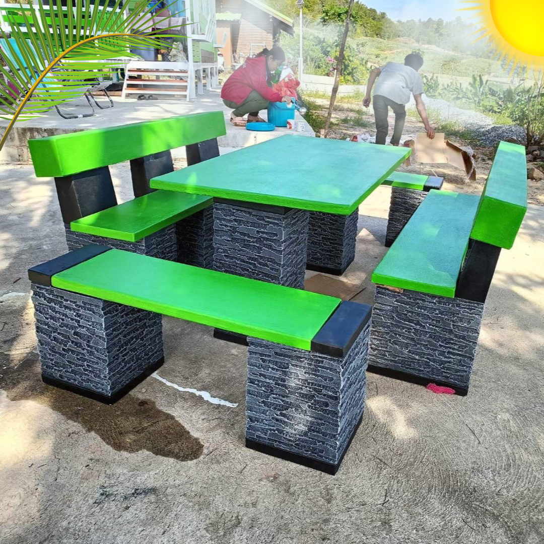 โต๊ะโมเดิร์นพนักพิง โต๊ะสนามปูนปั้น โต๊ะสนามโมเดิร์น ขนาด 150*80 cm. รุ่น พนักพิง150*80 สีเขียวเหนียวทรัพทย์