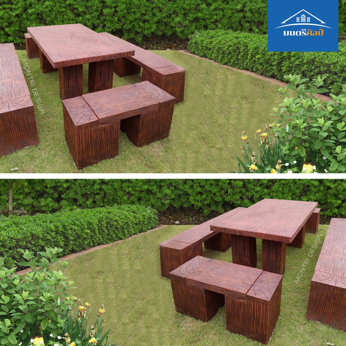 ชุดโต๊ะสนามปูนลายไม้ โต๊ะปุนลายไม้ โต๊ะปูนสนามลายไม้ขนาดใหญ่ เหมาะสำหรับนั่งทั้งในร่มหรือกลางแจ้ง งาน DiY