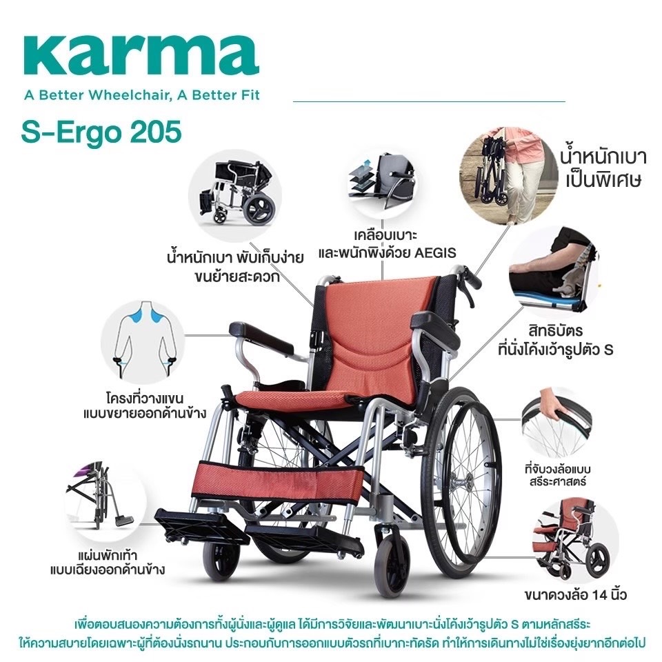 รถเข็นวีลแชร์น้ำหนักเบา อลูมินัมอัลลอยด์คาร์ม่า รุ่น S-Ergo 205 F20 (WheelChair Karma S-Ergo 205 F20) พกพาสะดวก กะทัดรัด พับได้ ล้อหลังใหญ่