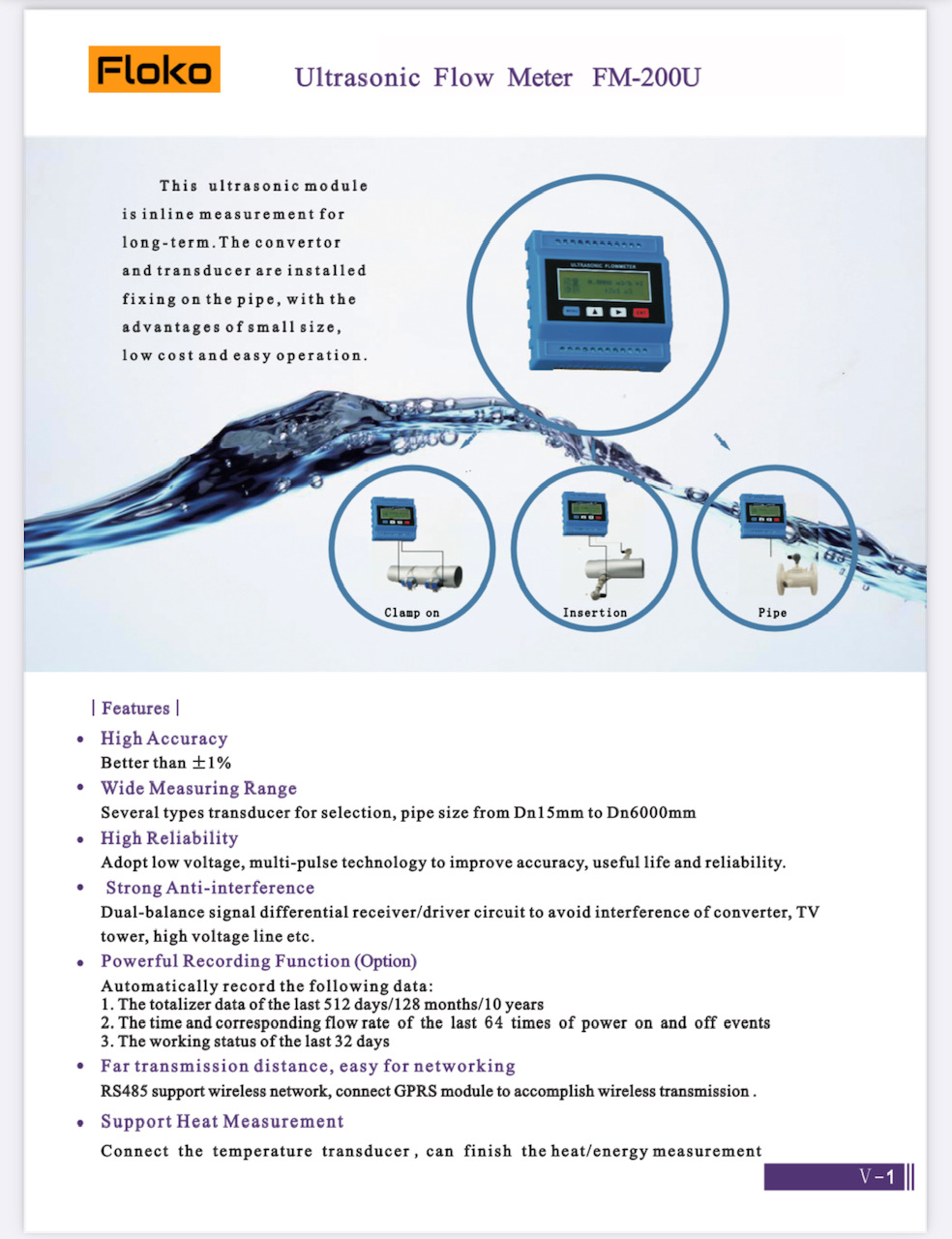 FM-200U เครื่องวัดอัตราการไหลของเหลว แบบอุลตร้าโซนิคชนิดรัดท่อแบบติดตั้ง
