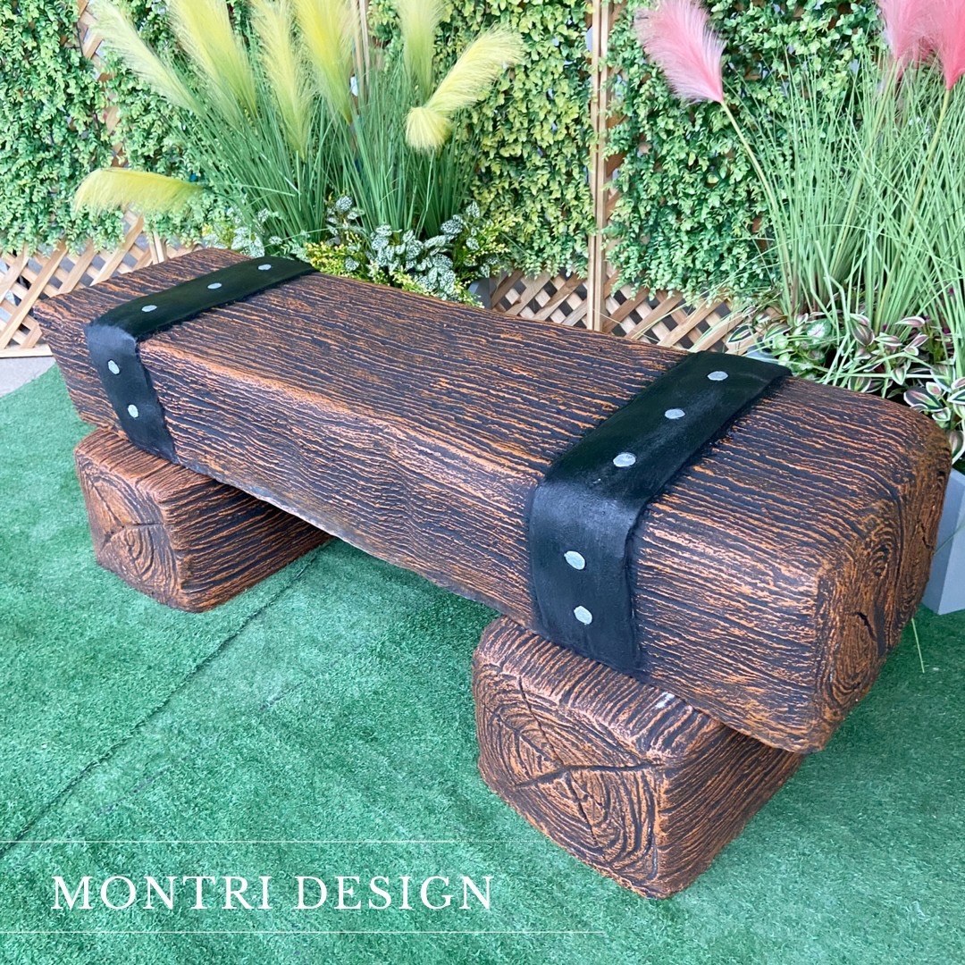 เก้าอี้ไม้หมอน สีน้ำตาลคาดดำ 30x120x40 cm. ม้านั่งสนามปูน เก้าอี้ปูนปั้น