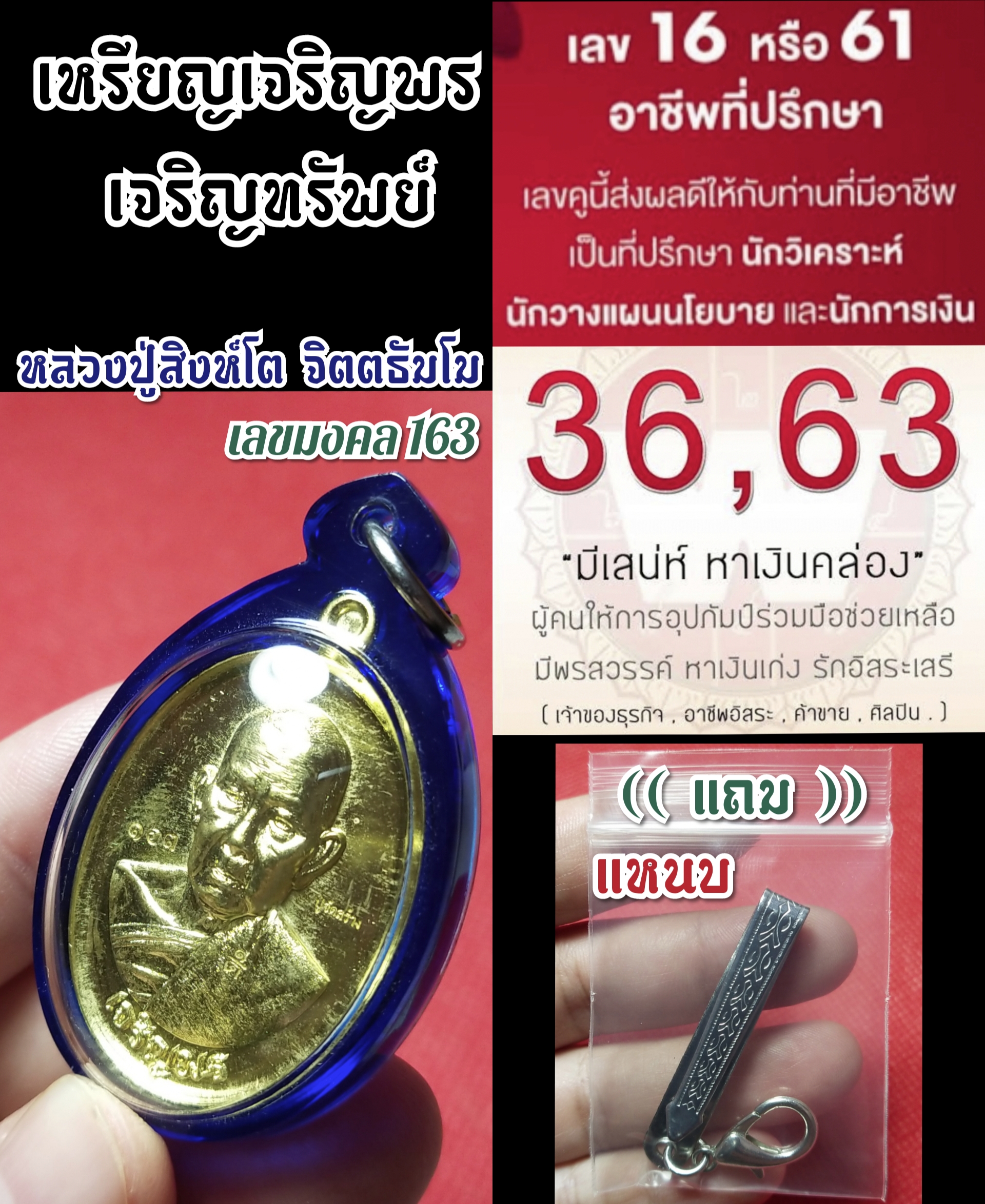 เหรียญเจริญพร เจริญทรัพย์ เนื้อทองทิพย์ (หลวงปู่สิงห์โต สำนักสงฆ์ป่าทรงธรรม )🔹เลขมงคล 163 (เลี่ยมกรอบพร้อมใช้)