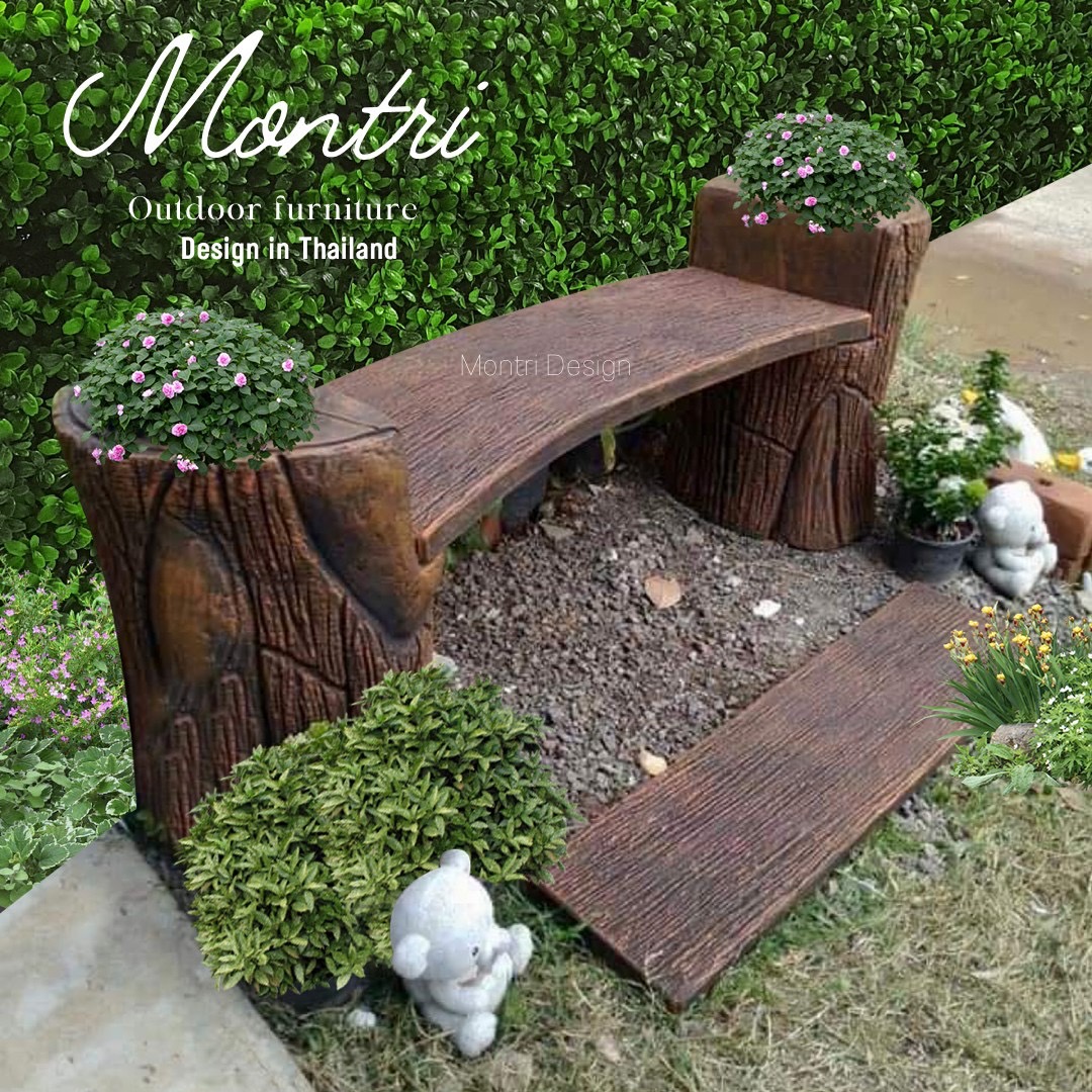 ม้านั่งสนามปูนปั้น เก้าอี้สนามปูนลายไม้ 2 in 1 ทรงโค้ง ม้านั่งปูนลายไม้ เก้าอี้แต่งสวน ม้านั่งแต่งสวน