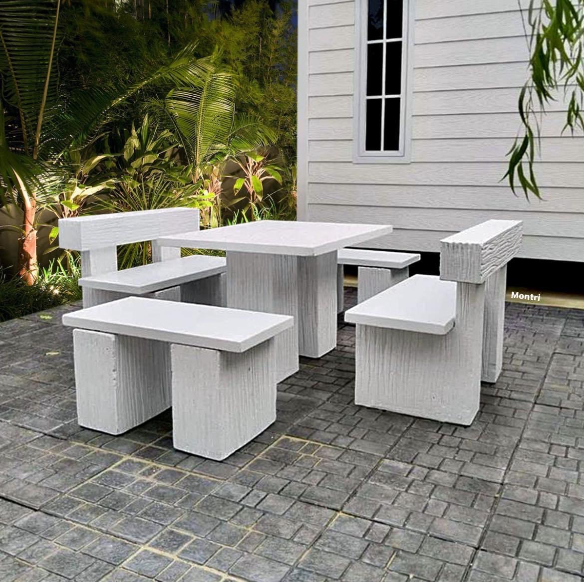 ชุดโต๊ะมินิมอลสีขาว ที่นั่งมีพนักพิงนั่งสบาย วัสดุเป็นคอนกรีตแผ่นเสริมเหล็ก ขนาดความยาว 120 cm. นั่งได้ 6 ท่าน