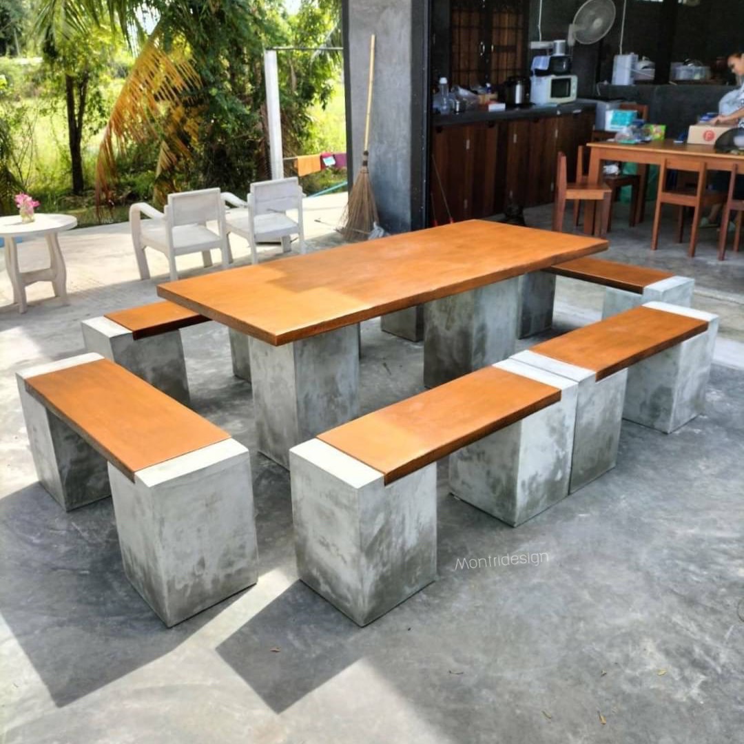 ชุดโต๊ะสนาม โต๊ะปูนสนาม โต๊ะโมเดิร์น โต๊ะปูนสนามโมเดิร์น ชุด 12 ที่นั่ง รุ่น Royal เก้าอี้พาดยาว ขนาดโต๊ะ 180*80