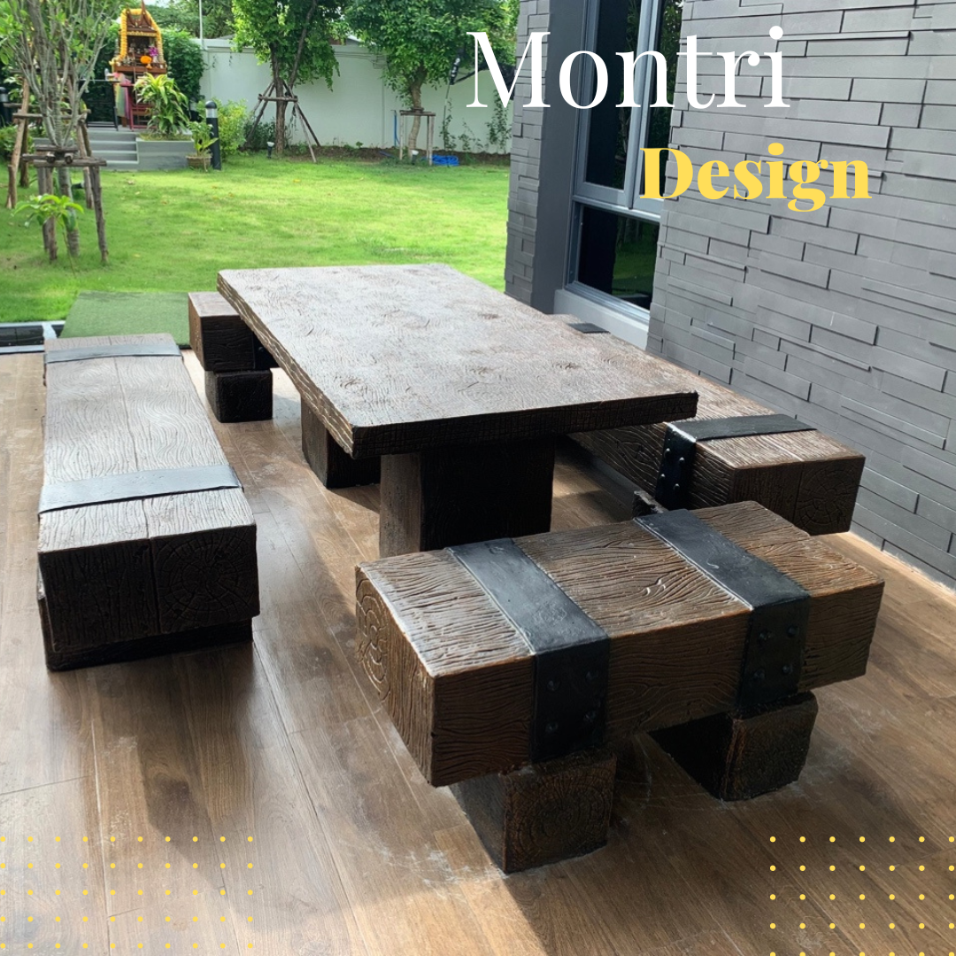 ชุดโต๊ะปูนลายไม้ โต๊ะปูนไม้หมอน โต๊ะไม้หมอน ชุดโต๊ะไม้หมอนรถไฟ ขนาด 180*90 cm.