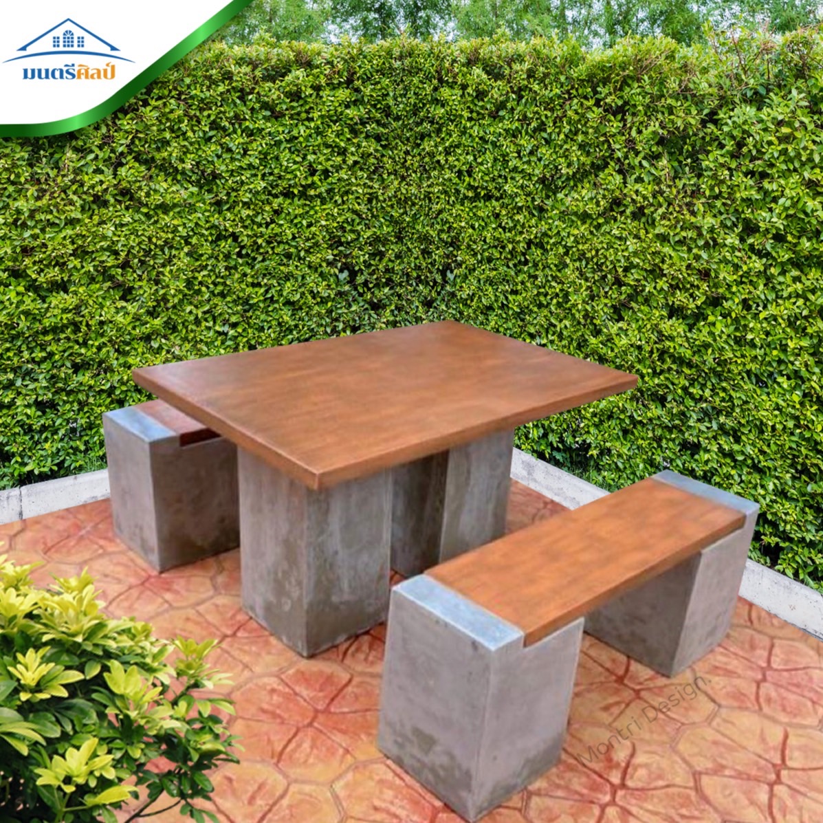 ชุดโต๊ะโมเดิร์น โต๊ะปูนสนาม ชุด 4 ที่นั่ง พาดยาว ขาลอฟท์ แผ่นปัดสีดิน โต๊ะสนาม