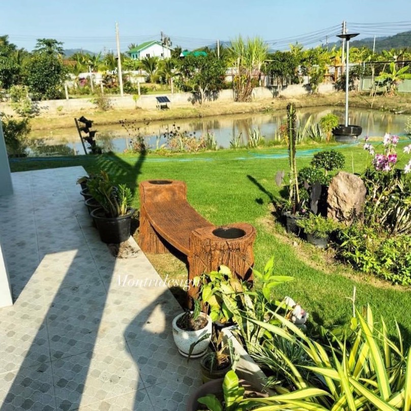 ม้านั่งสนามปูนปั้น เก้าอี้สนามปูนลายไม้ 2 in 1 ทรงโค้ง ม้านั่งปูนลายไม้ เก้าอี้แต่งสวน ม้านั่งแต่งสวน