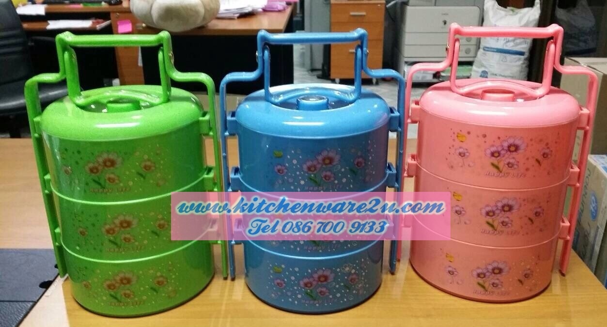 P07183 ปิ่นโต พลาสติก 3 ชั้น พิมพ์ลายสวย (14*14*25 cm) 415-3 ราคาส่งต่อ 1 โหล: 12 ชุด: เฉลี่ย 60 บ/ใบ